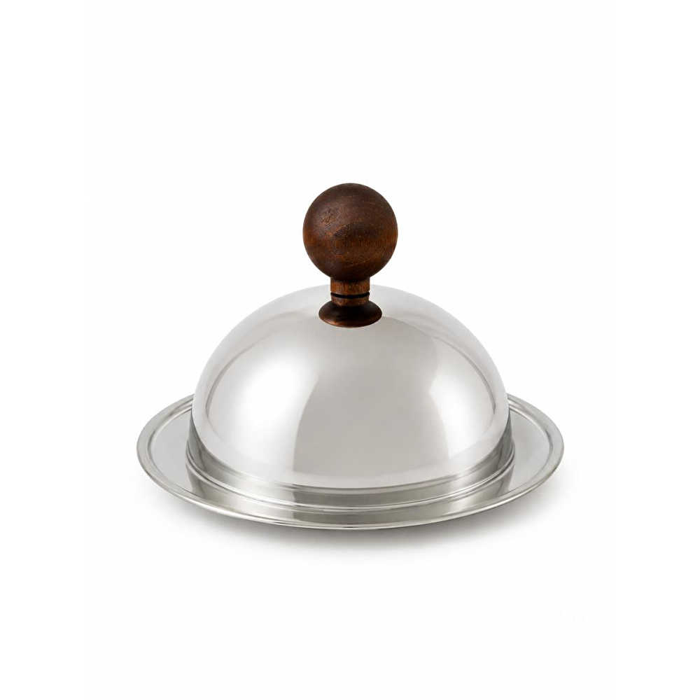 Beige & Stone Ahşap Kulplu Paslanmaz Çelik Fanuslu Sunum Tabağı 15 Cm – 13 Cm Kapaklı Kahvaltılık Peynir Tereyağı İkram Tabağı görseli 3