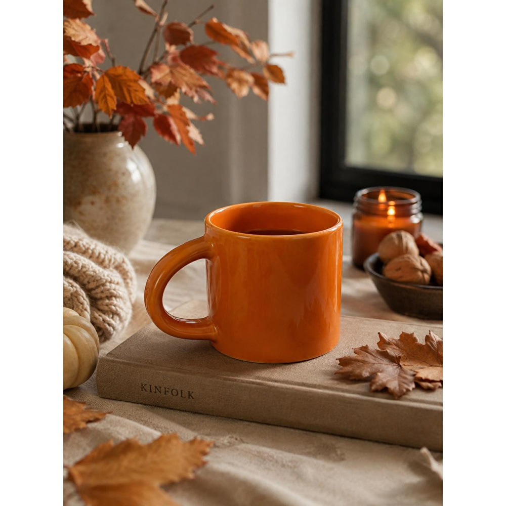 Beige & Stone Turuncu Seramik Kulplu Kupa Kahve Çay Süt Ve Bitki Çayı Kupası Büyük Mug Bardak görseli 2