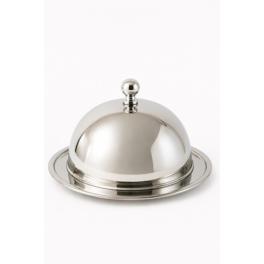 Beige & Stone Paslanmaz Çelik Fanuslu Kapaklı Sunum Tabağı 15 Cm – 13 Cm Fanus Kahvaltılık Peynir Tereyağı Tatlı Servis Tabağı görseli 4