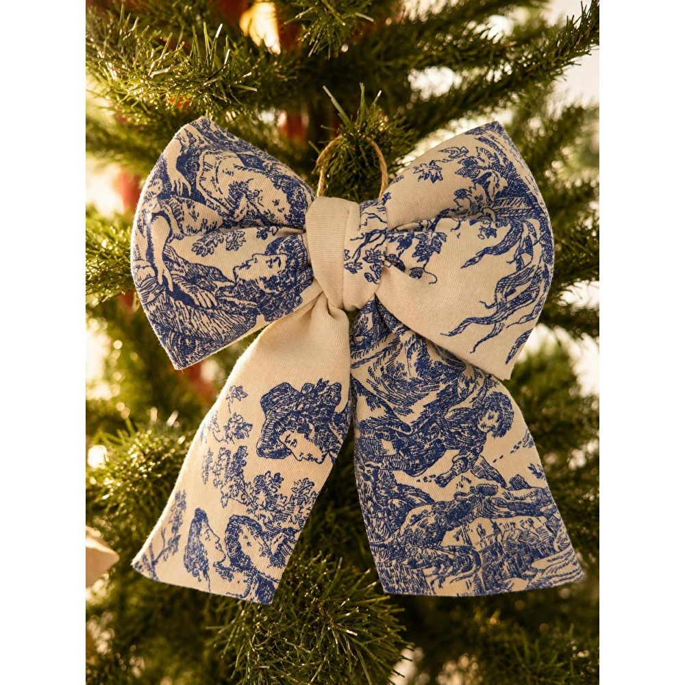 Beige & Stone Mini Boy Mavi Desenli Kumaş Fiyonk Yılbaşı Çam Ağacı Süsü Dekoratif Kurdele Noel Ve Yeni Yıl Süsü 16 Cm görseli 1