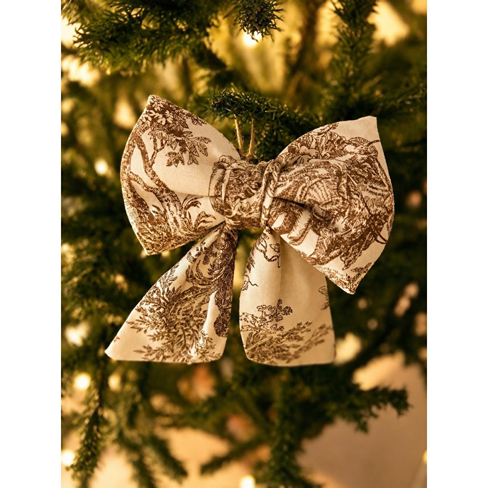 Beige & Stone Mini Boy Kahverengi Desenli Kumaş Fiyonk Yılbaşı Çam Ağacı Süsü Dekoratif Kurdele Noel Ve Yeni Yıl Süsü 16 Cm görseli 1