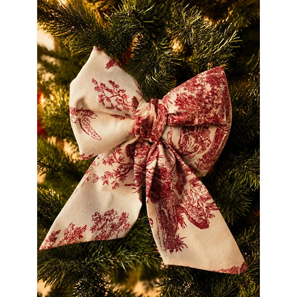 Beige & Stone Mini Boy Bordo Desenli Kumaş Fiyonk Yılbaşı Çam Ağacı Süsü Dekoratif Kurdele Noel Ve Yeni Yıl Süsü 16 Cm görseli 1