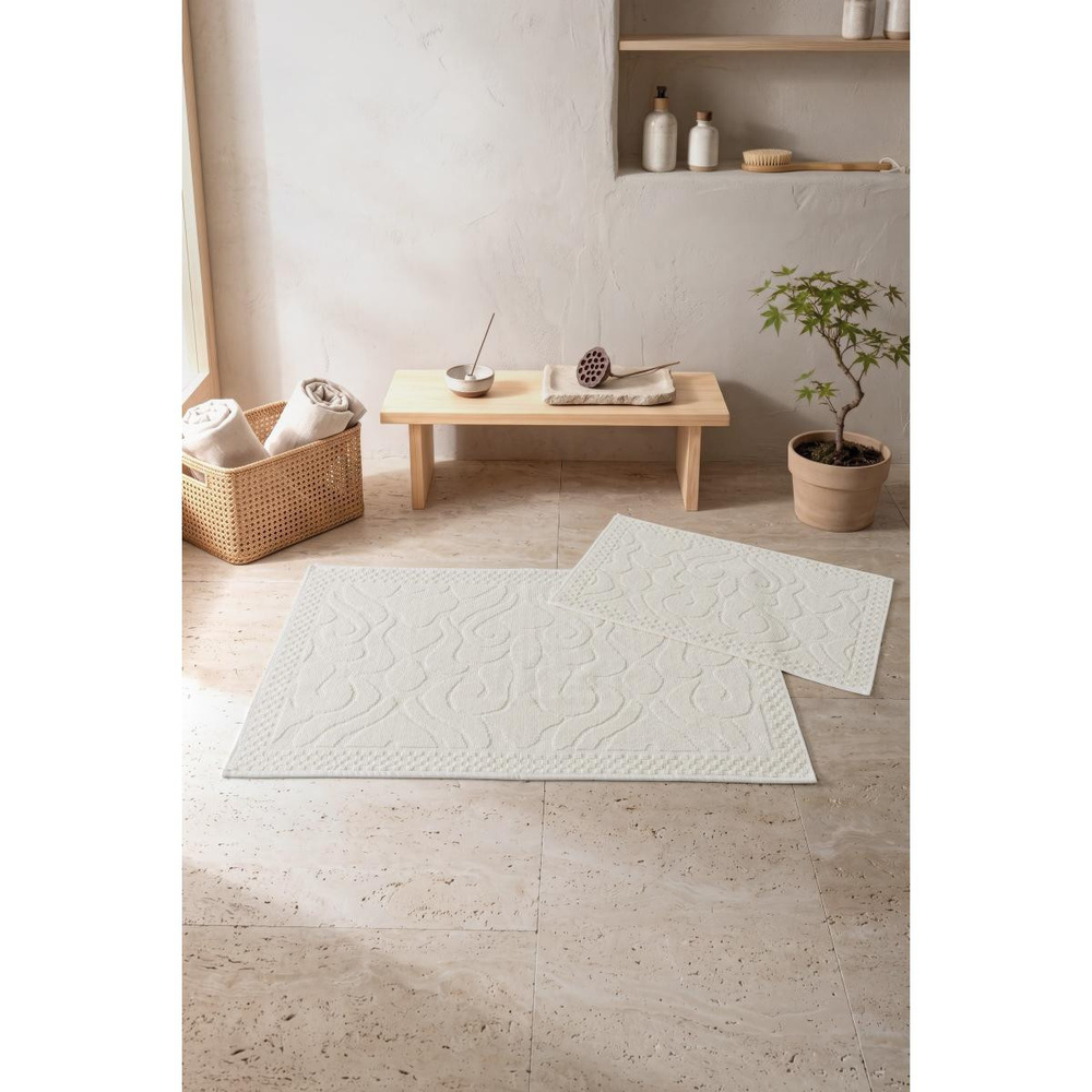 Cotton Box Aura Jakarlı Kaymaz Taban Pamuklu Paspas Seti Vine Krem 60x90+40x60 görseli 1