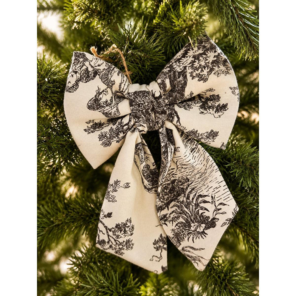 Beige & Stone Mini Boy Siyah Desenli Kumaş Fiyonk Yılbaşı Çam Ağacı Süsü Dekoratif Kurdele Noel Ve Yeni Yıl Süsü 16 Cm görseli 1