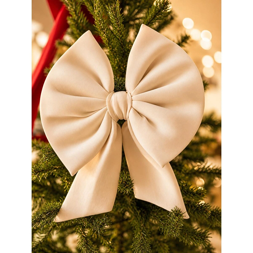 Beige & Stone Krem Küçük Fiyonk Yılbaşı Çam Ağacı Süsü 35x30 Cm Dekoratif Kumaş Kurdele Noel Ve Yeni Yıl Dekoru görseli 1