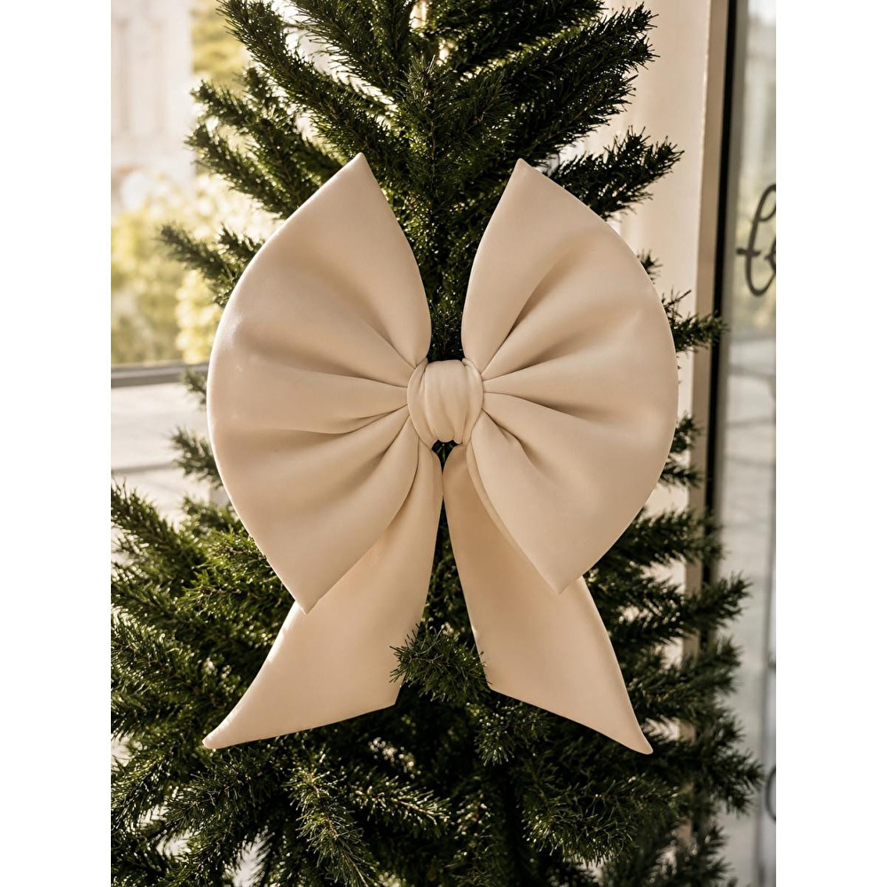Beige & Stone Krem Küçük Fiyonk Yılbaşı Çam Ağacı Süsü 35x30 Cm Dekoratif Kumaş Kurdele Noel Ve Yeni Yıl Dekoru görseli 2
