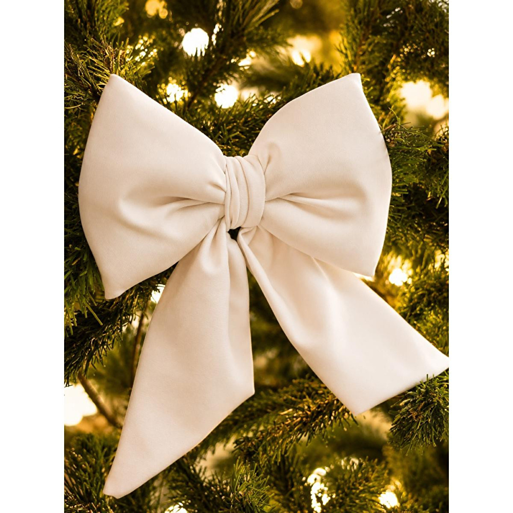 Beige & Stone Mini Boy Beyaz Kumaş Fiyonk Yılbaşı Çam Ağacı Süsü Dekoratif Kurdele Noel Ve Yeni Yıl Süsü 16 Cm görseli 1