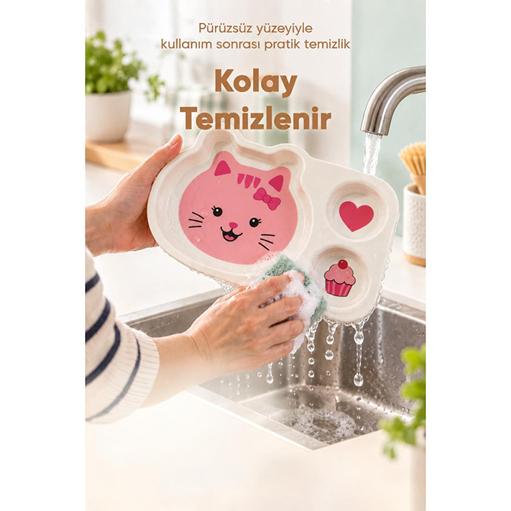 Wumboo 3 Bölmeli Hayvan Desenli Melamin Çocuk Tabağı-ekstra Dayanıklı Bpa Free Beslenme Tabağı- Pembe Kedi görseli 5