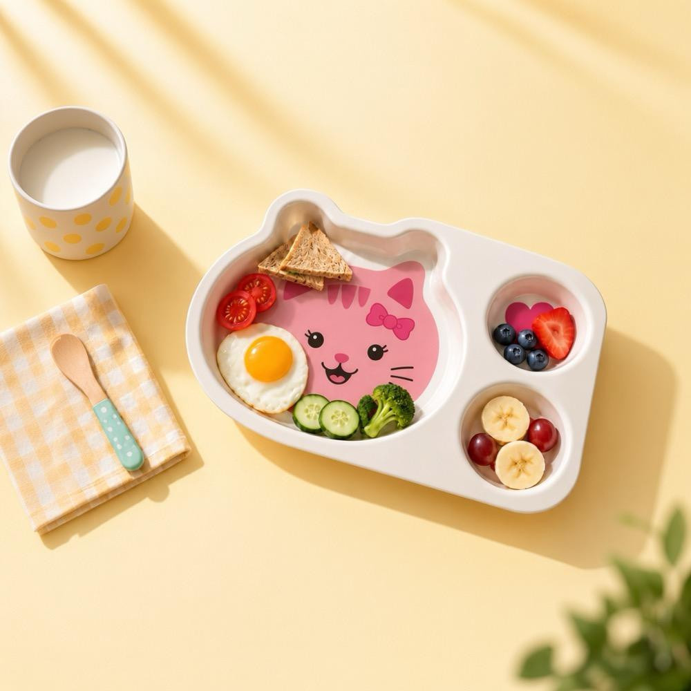 Wumboo 3 Bölmeli Hayvan Desenli Melamin Çocuk Tabağı-ekstra Dayanıklı Bpa Free Beslenme Tabağı- Pembe Kedi görseli 4