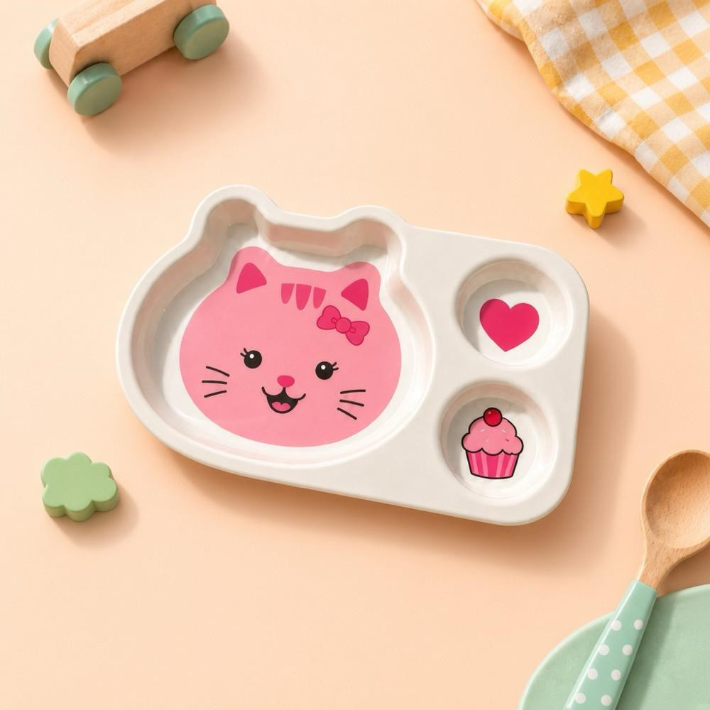 Wumboo 3 Bölmeli Hayvan Desenli Melamin Çocuk Tabağı-ekstra Dayanıklı Bpa Free Beslenme Tabağı- Pembe Kedi görseli 1