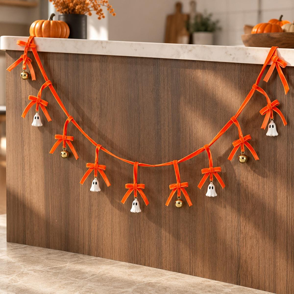 Beige & Stone 1 Metre Turuncu Fiyonklu Halloween Dekoratif Süs Zinciri – Hayalet Ve Çan Figürlü Cadılar Bayramı Asma Süsü görseli 4