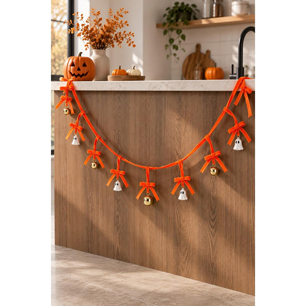 Beige & Stone 1 Metre Turuncu Fiyonklu Halloween Dekoratif Süs Zinciri – Hayalet Ve Çan Figürlü Cadılar Bayramı Asma Süsü görseli 2