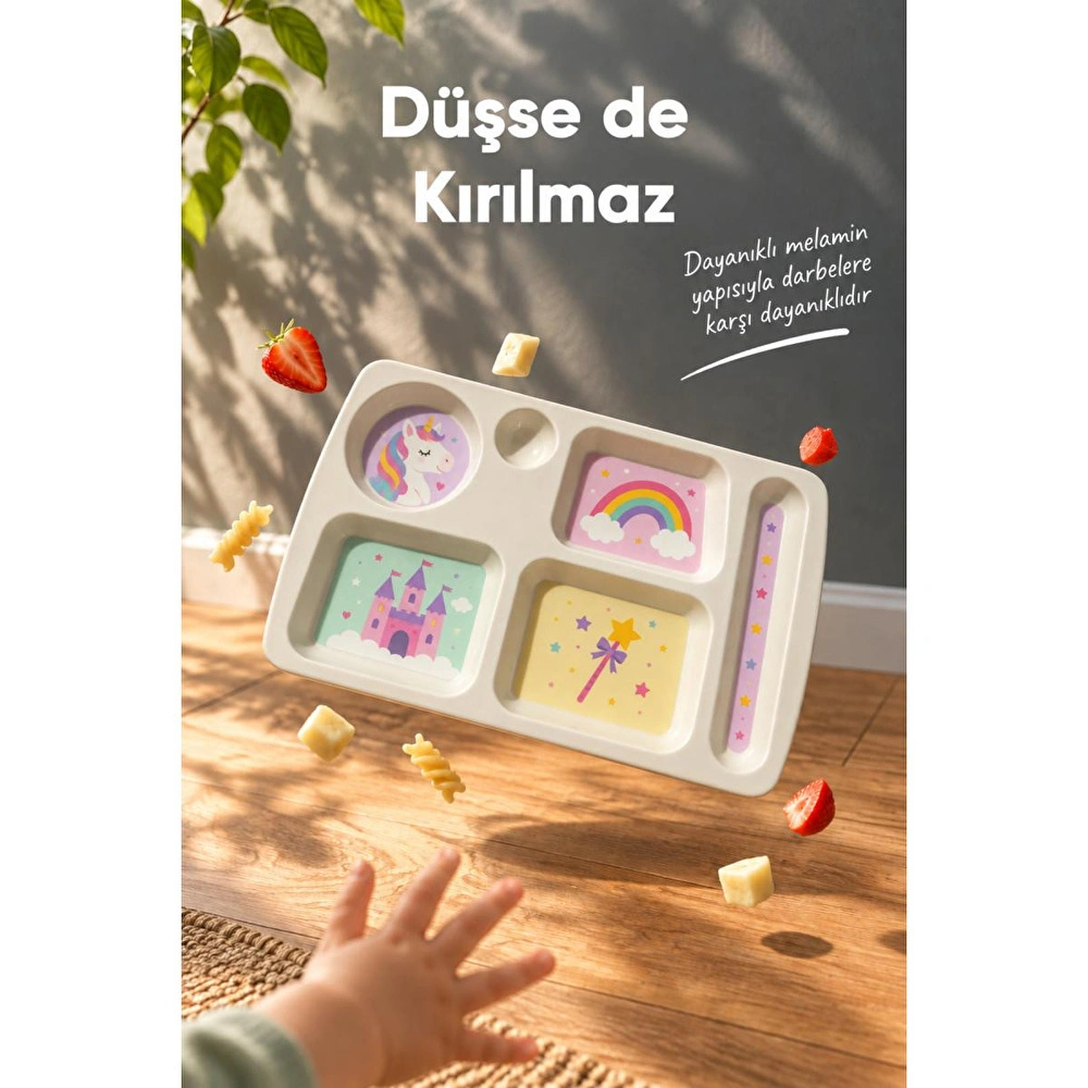 Wumboo 6 Bölmeli Melamin Çocuk Tabağı-mama Tabağı-ekstra Dayanıklı Bpa Free Beslenme Tabağı- Unicorn görseli 5