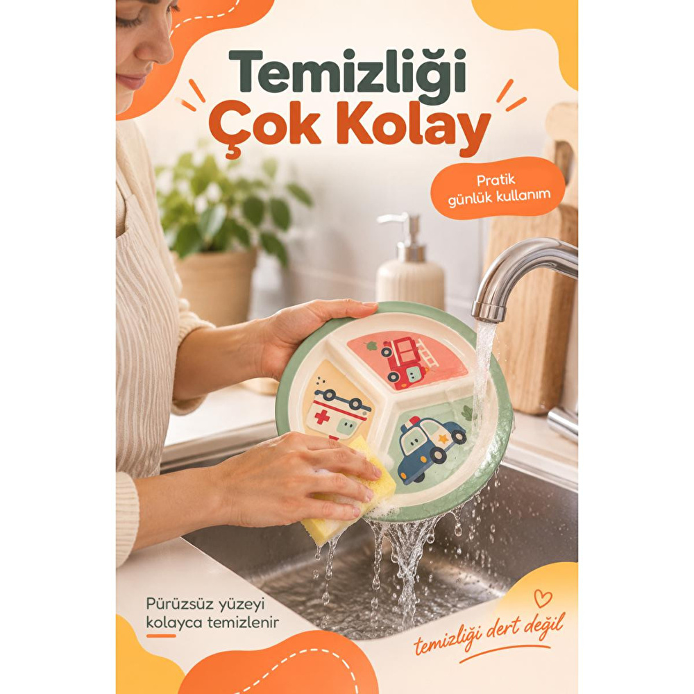 Wumboo 3 Bölmeli Melamin Çocuk Tabağı-mama Tabağı-ekstra Dayanıklı Bpa Free Beslenme Tabağı- Araba görseli 5