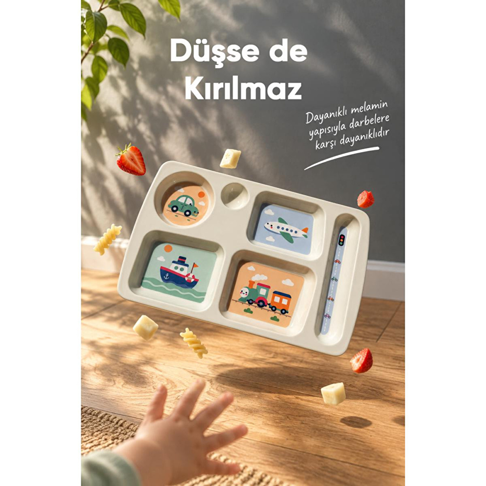 Wumboo 6 Bölmeli Melamin Çocuk Tabağı-mama Tabağı-ekstra Dayanıklı Bpa Free Beslenme Tabağı- Araba görseli 5