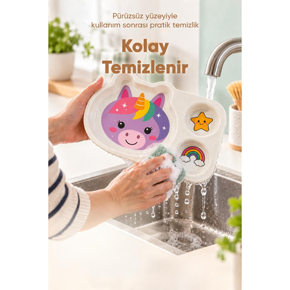 Wumboo 3 Bölmeli Hayvan Desenli Melamin Çocuk Tabağı-ekstra Dayanıklı Bpa Free Beslenme Tabağı- Unicorn görseli 5