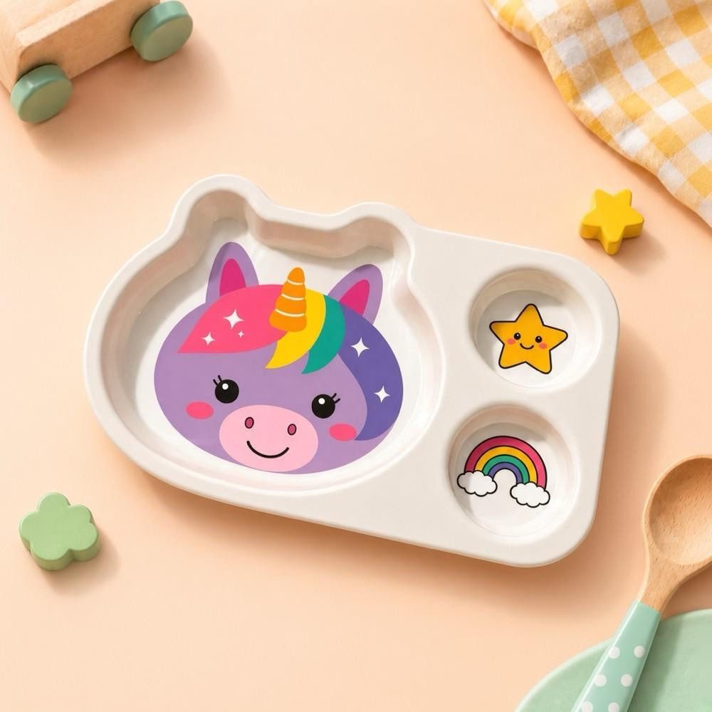 Wumboo 3 Bölmeli Hayvan Desenli Melamin Çocuk Tabağı-ekstra Dayanıklı Bpa Free Beslenme Tabağı- Unicorn görseli 1