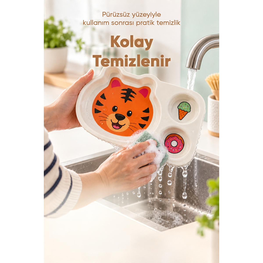 Wumboo 3 Bölmeli Hayvan Desenli Melamin Çocuk Tabağı-ekstra Dayanıklı Bpa Free Beslenme Tabağı- Kaplan görseli 5