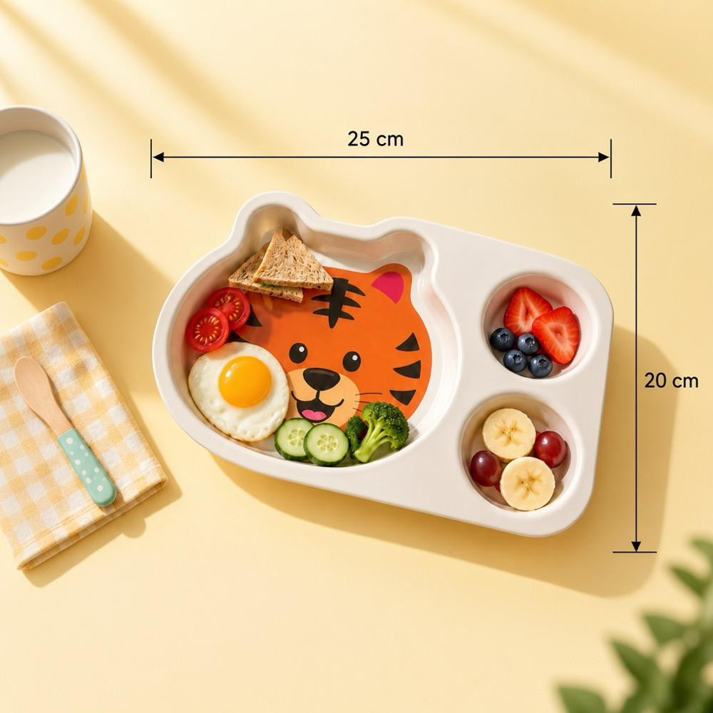 Wumboo 3 Bölmeli Hayvan Desenli Melamin Çocuk Tabağı-ekstra Dayanıklı Bpa Free Beslenme Tabağı- Kaplan görseli 4