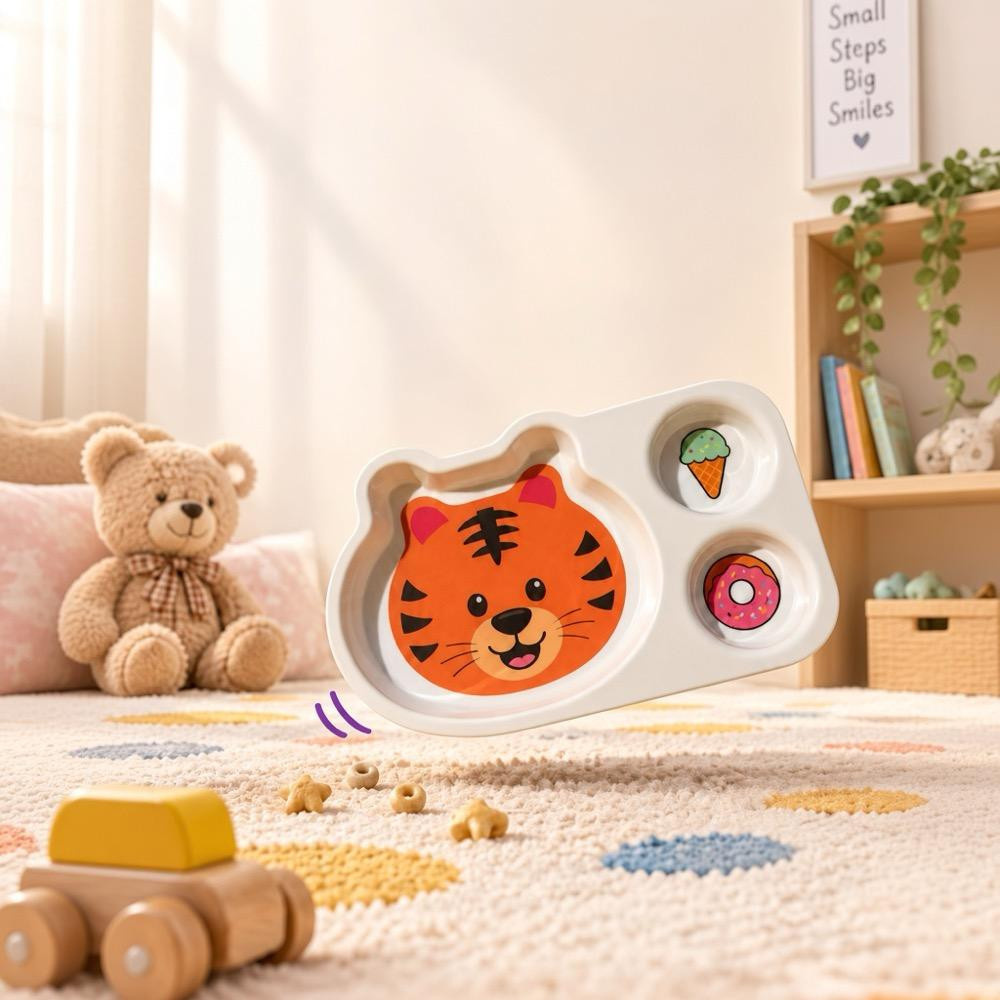 Wumboo 3 Bölmeli Hayvan Desenli Melamin Çocuk Tabağı-ekstra Dayanıklı Bpa Free Beslenme Tabağı- Kaplan görseli 3