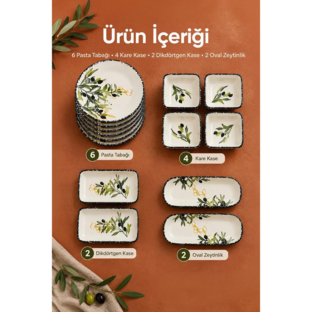 Vienev 14 Parça 6 Kişilik Zeytin Model Seramik Kahvaltı Takımı 6 Pasta Tabağı 4 Kare Kase 2 Dikdörtgen Kase 2 Oval Zeytinlik görseli 2
