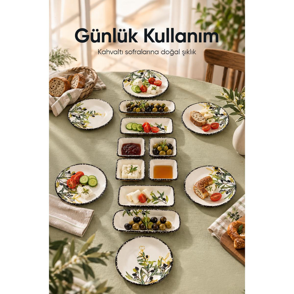 Vienev 14 Parça 6 Kişilik Zeytin Model Seramik Kahvaltı Takımı 6 Pasta Tabağı 4 Kare Kase 2 Dikdörtgen Kase 2 Oval Zeytinlik görseli 3