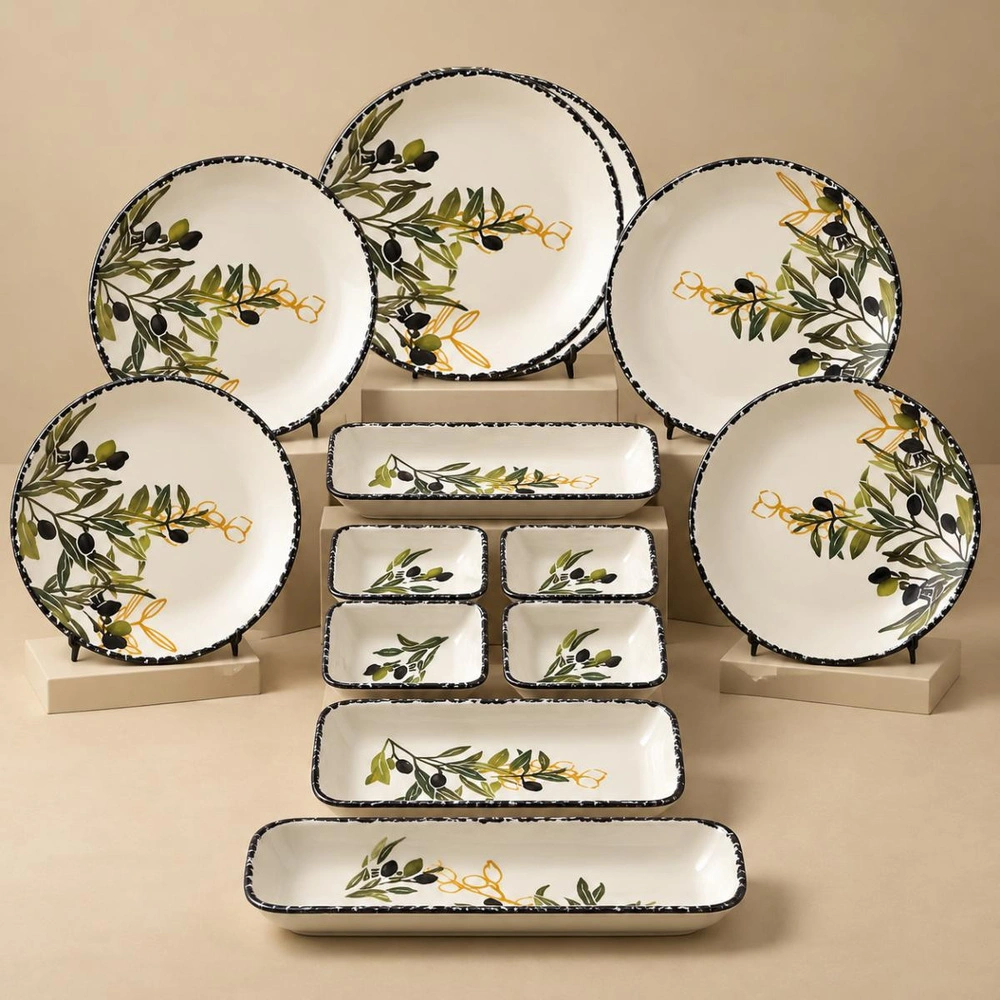 Vienev 14 Parça 6 Kişilik Zeytin Model Seramik Kahvaltı Takımı 6 Pasta Tabağı 4 Kare Kase 2 Dikdörtgen Kase 2 Oval Zeytinlik görseli 1