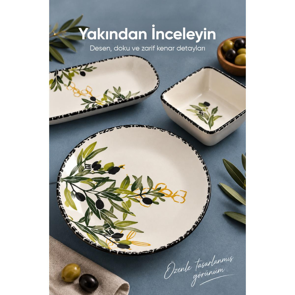 Vienev 14 Parça 6 Kişilik Zeytin Model Seramik Kahvaltı Takımı 6 Pasta Tabağı 4 Kare Kase 2 Dikdörtgen Kase 2 Oval Zeytinlik görseli 4