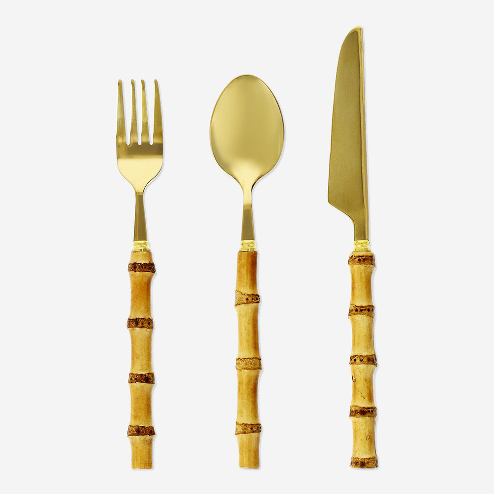 Flying Tiger Copenhagen 3 Parça Gold Bambu Saplı Çatal Kaşık Bıçak Seti görseli 1