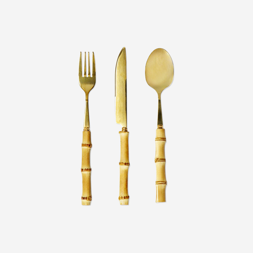 Flying Tiger Copenhagen 3 Parça Gold Bambu Saplı Çatal Kaşık Bıçak Seti görseli 4
