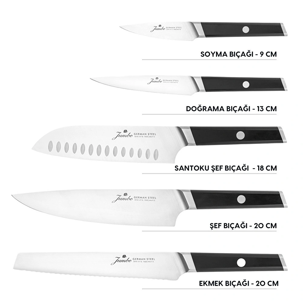 Jumbo Katana Standlı 6 Parça Alman Çeliği Siyah Bıçak Seti görseli 5