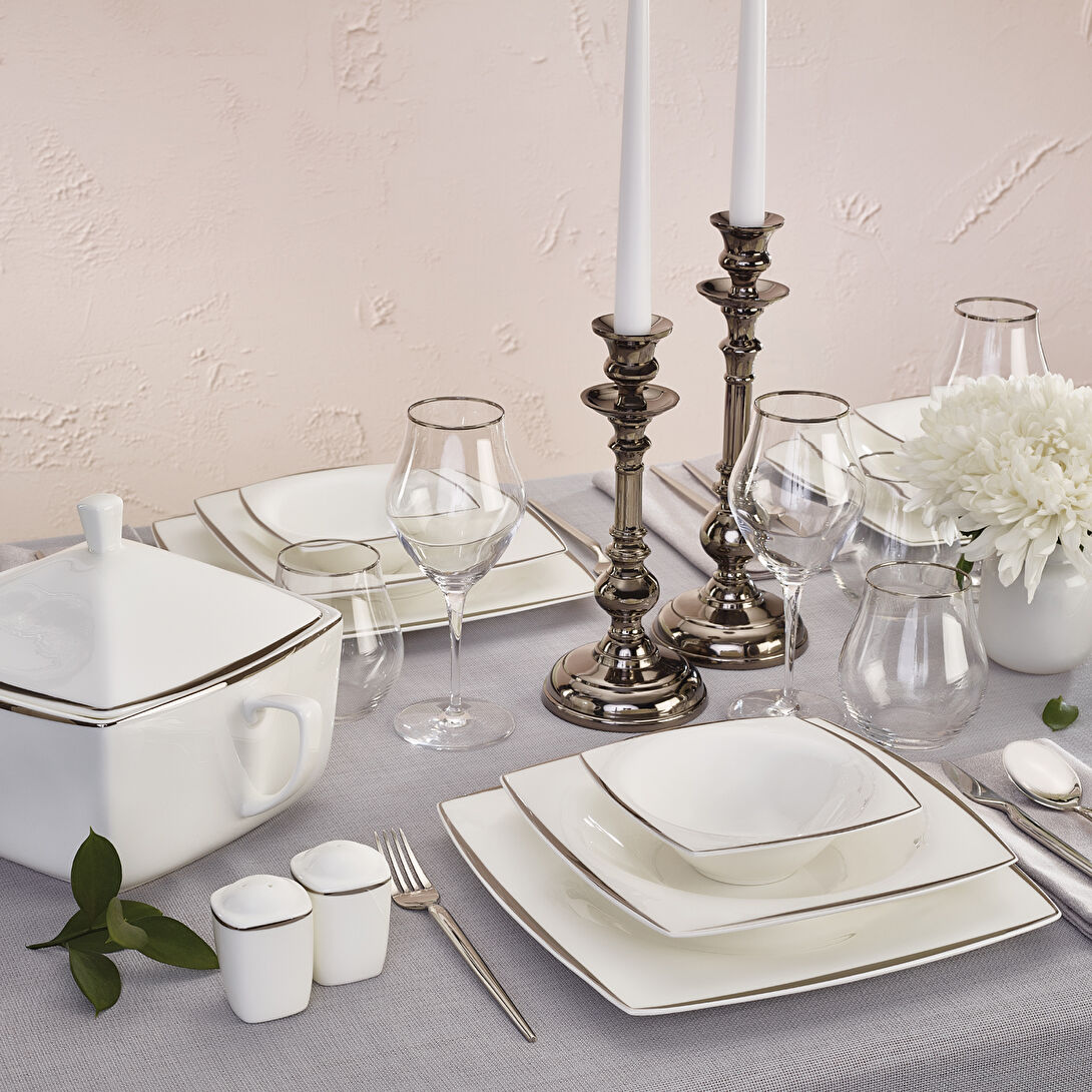 Karaca Fine Pearl Agate 62 Parça 12 Kişilik İnci Yemek Takımı Platin Karaca