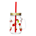 Flying Tiger Copenhagen Çilek Desenli Pipetli Cam Kavanoz Bardak