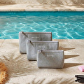 Ocean Home Textile 3'lü Termal Astarlı Su İtici Leke Tutmaz Gri Renk Jüt Keten Makyaj İlaç Çantası Seti 15 X 11 X 6 / 19 X 13 X 7