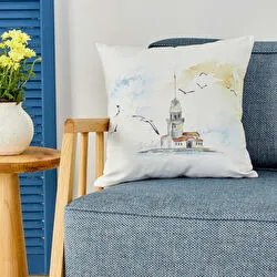 Karaca Home Kız Kulesi Ekru Desenli İç Dolgulu Kırlent 45x45 cm