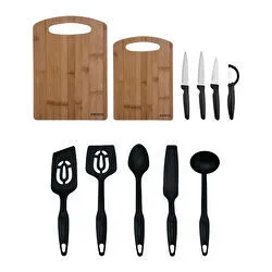 Karaca Stark 11 Parça Kesme Tahtası, Bıçak Seti ve Servis Gereci