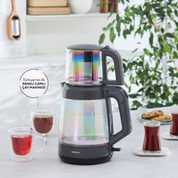 Karaca Glass Tea xl 2 in 1 35 Bardak Aile Boyu Renkli Camlı Çay Makinesi ve Su Isıtıcı Opal 1900w