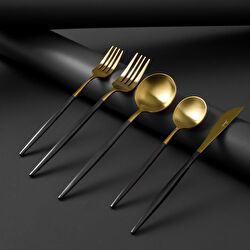 Jumbo Colors Siyah Parlak Altın 6 Kişilik 30 Parça Çatal Kaşık Bıçak Takımı