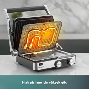 Homend Grilliant 1340H 4 Dilim Kapasiteli Gövde Alt ve Üst Sıcaklığı Ayrı Kontrol Edilebilen Döküm Plakalı Tost ve Izgara Makinesi Inox 2000W görseli 4