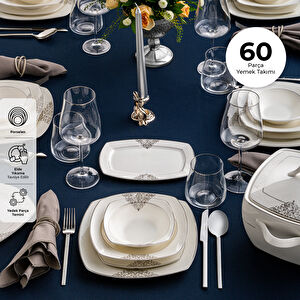 Emsan New Yasemin Porselen 60 Parça 12 Kişilik Yarım Kare Yemek Takımı Platin 