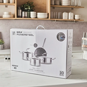 Karaca Powersteel 5Ply 316+ İndüksiyon Tabanlı 7 Parça Çelik Tencere ve Tava Seti