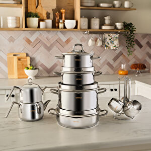 Karaca Vapor İndüksiyon Tabanlı 15 Parça Çelik Süzgeç Kapaklı Tencere Çaydanlık ve Cezve Seti