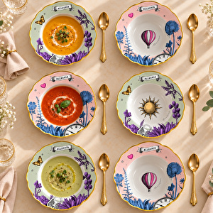Baci Milano Allegria  Pembe ve Yeşil Karışık Desenli 6 Parça Mix Porselen Çukur Tabağı 22 cm görseli 5