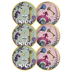 Allegria  Pembe ve Yeşil Karışık Desenli 6 Parça Mix Porselen Ekmek Tabağı 16 cm