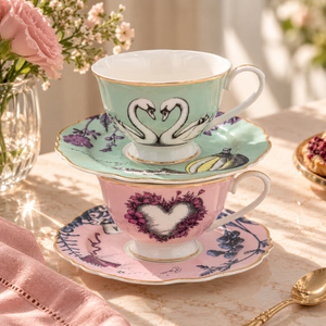 Allegria Pembe ve Yeşil 4 Parça 2 Kişilik Çay Fincanı ve Tabağı (Tabak Ø 16 cm, Fincan Ø 9,5 cm, H 6,5 cm)