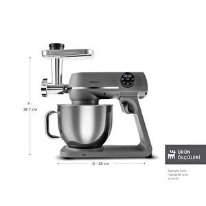 Karaca Multichef Artisan Kıyma Çekme/ Sucuk-Sosis/İçli Köfte Aparatlı Digital Ekran Tam Döküm Kıyma Aparatlı Hamur Yoğurma Makinesi Anthracite 7L
