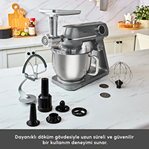 Karaca Multichef Artisan Kıyma Çekme/ Sucuk-Sosis/İçli Köfte Aparatlı Digital Ekran Tam Döküm Kıyma Aparatlı Hamur Yoğurma Makinesi Anthracite 7L görseli 5