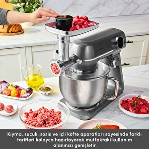 Karaca Multichef Artisan Kıyma Çekme/ Sucuk-Sosis/İçli Köfte Aparatlı Digital Ekran Tam Döküm Kıyma Aparatlı Hamur Yoğurma Makinesi Anthracite 7L görseli 10