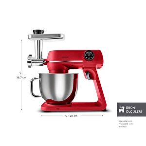 Karaca Multichef Artisan Kıyma Çekme/ Sucuk-Sosis/İçli Köfte Aparatlı Digital Ekran Tam Döküm Kıyma Aparatlı Hamur Yoğurma Makinesi Red 7L görseli 3