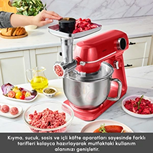 Karaca Multichef Artisan Kıyma Çekme/ Sucuk-Sosis/İçli Köfte Aparatlı Digital Ekran Tam Döküm Kıyma Aparatlı Hamur Yoğurma Makinesi Red 7L görseli 10